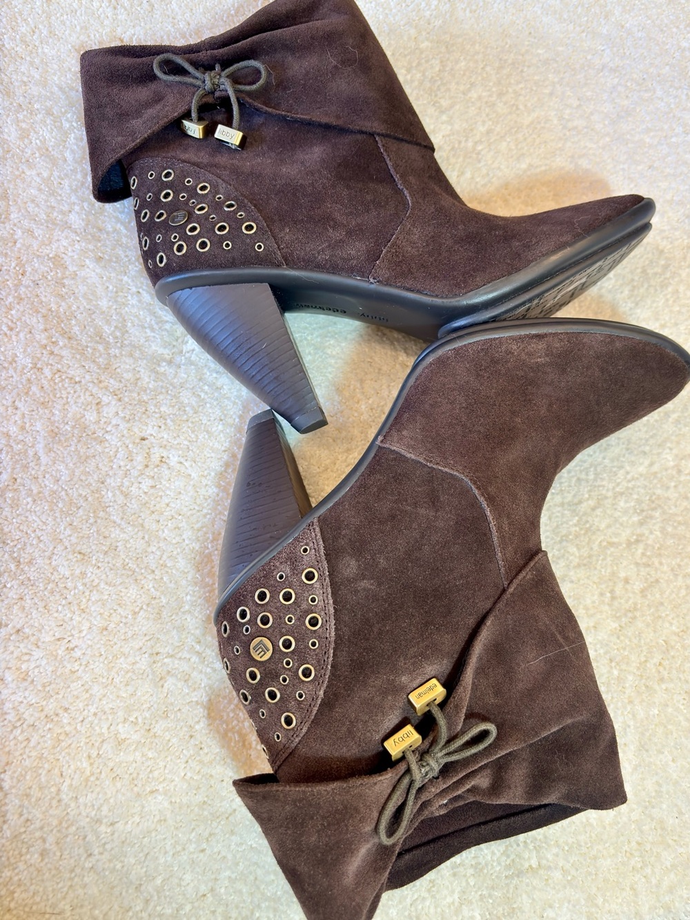 libby. edelman Dark Brown Suede Fold-Over Ankle Booties with Grommet Detail - Picture 2 of 8